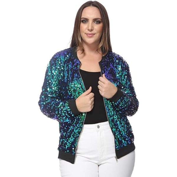 Kvinners Sequin Fitted Lang Ermet Glidelås Blazer Bomberjakke Green L