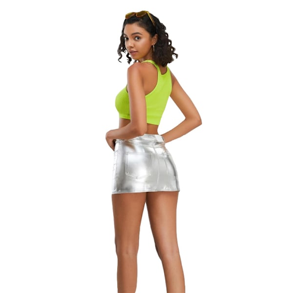 Dam Kjol, Hög Midja, Bodycon, Mini, Konstläder Silver M