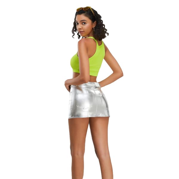 Dame Højtaljet Bodycon Mini Kort Kunstlæder Skørt Silver M