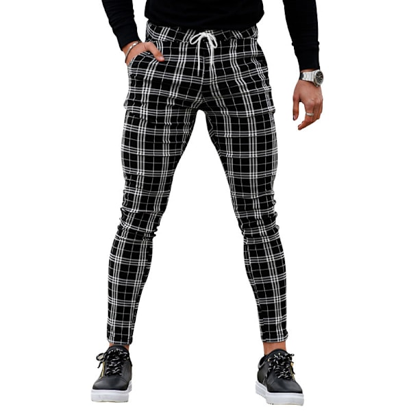 Mænds Chino Bukser Skinny Fit Plaid Stilfulde Casual Business Dress Bukser Black M
