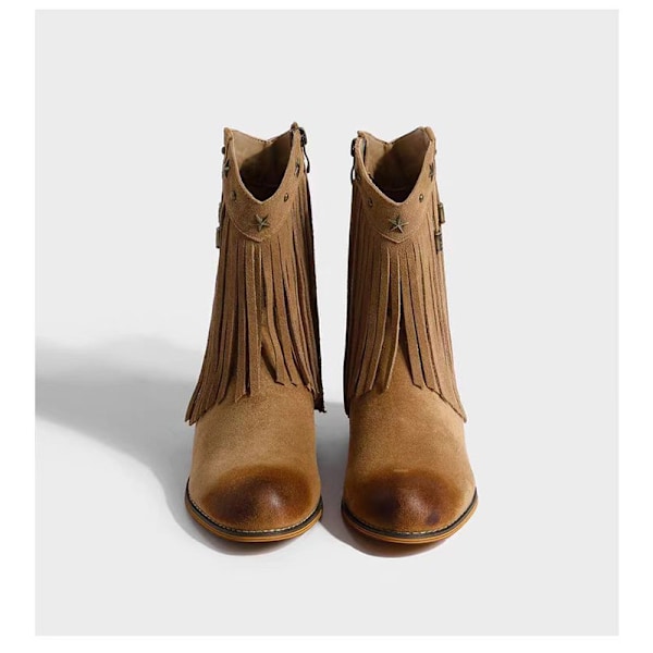 Naisten hapsu Western -saappaat, leveälestiset ratsastus cowboy-saappaat Light Brown 38
