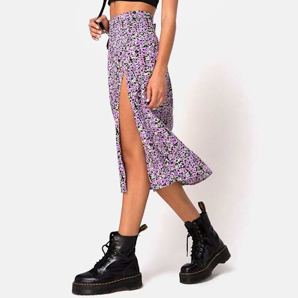 Sommerlige, løse midi-nederdele med slids til kvinder, afslappede højtaljede blomsternederdele Purple XL