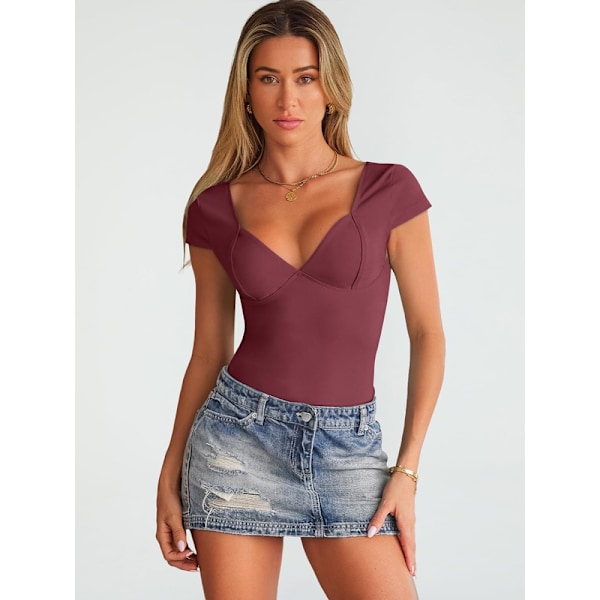 Sexy Dame Top med Dyb V-Udsnit og Rygfri, Kortærmet, Slim Fit T-Shirt Wine Red M