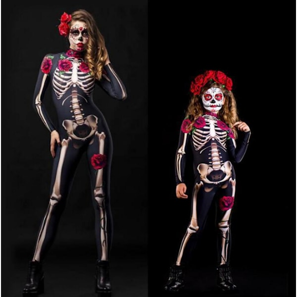 Kvinnor Bodycon Halloween 3D Skeleton Skull Bone Printed black red M