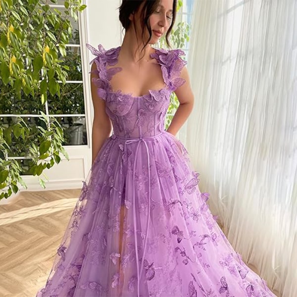 3D-Perhonen Tulle-Prom-Mekko Naiselle, Pitsikoristeinen Prinsessaprom-Mekko PURPLE 16