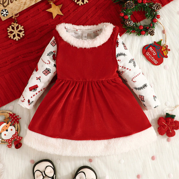 Babyflicka Julklänning Långärmad Julset Red 12-18M