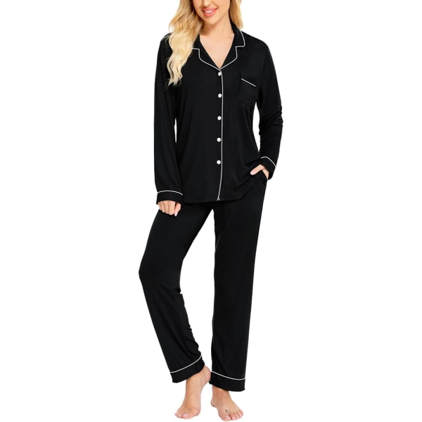 Pyjamas Set för Kvinnor, Långärmad, Knappar, Nattkläder, Bomull, Pj-Set Black M