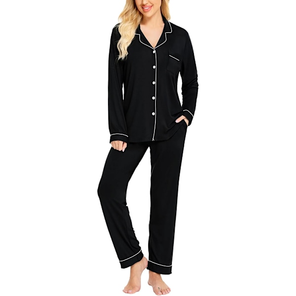 Pyjamas Set för Kvinnor, Långärmad, Knappar, Nattkläder, Bomull, Pj-Set Black XL