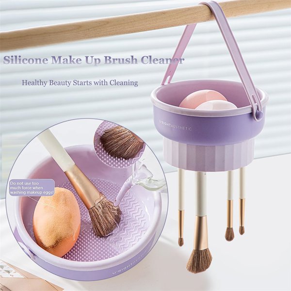 Meikkisiveltimen puhdistuskuppi, 3-in-1 meikkisiveltimen puhdistusmatto ja kuivausteline Purple Drying Bowl