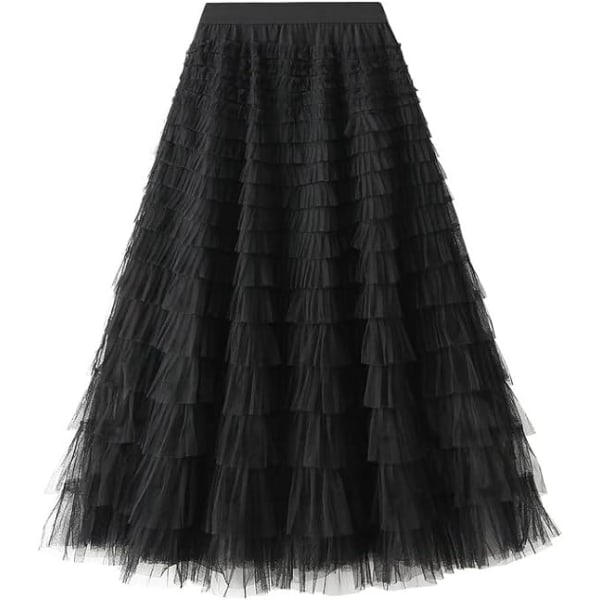 Kvinners Lange Maxi Tulle Skjørt A-Linje Rufflet Mesh Høytaljet Skjørt Petticoat Black XL