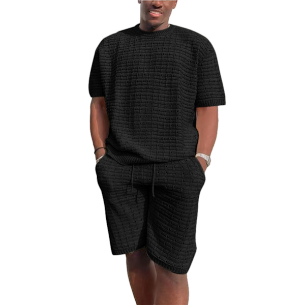 Miesten Ruudullinen Lyhythihainen Shortsit Rentoutumisurheiluasu Black S