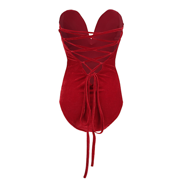 Kvinders V-hals Sexy Fløjls Strapless Bodysuit Jumpsuit Sød Hjerteformet Dyb Red M