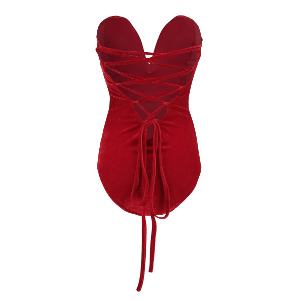 Kvinnors V-ringad Sexy Sammets Strapless Bodysuit Jumpsuit Hjärtformad Djup Red XS