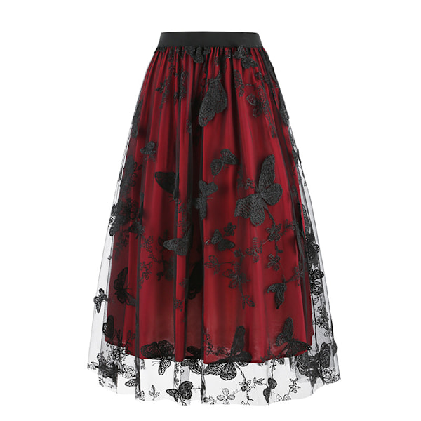 Naisten kukkakirjailtu hame vintage tyllihame Wine Red M
