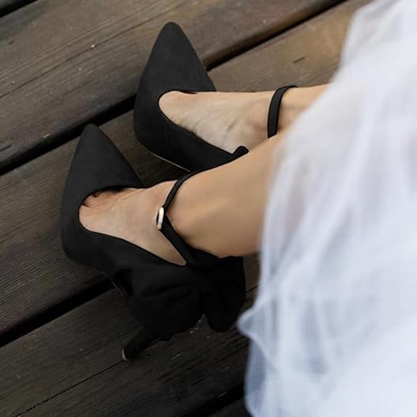 Kvinnliga Högklackade Skor med Rosett på Baksidan, Sexiga Stiletto, Ankelrem, Bröllopsskor Black 35