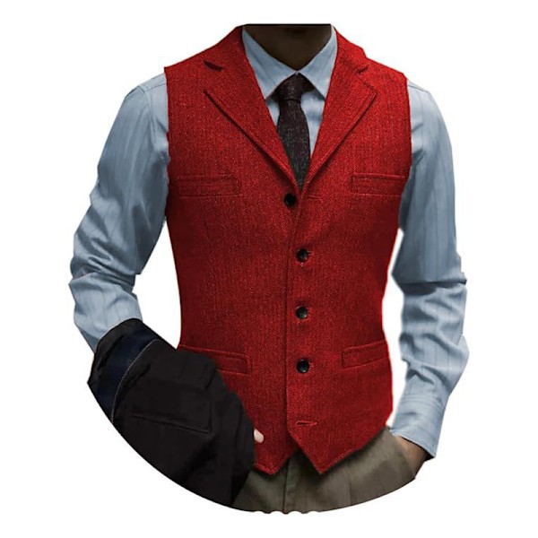 Herre Tweed Dress Vintage Vest Sildebensmønstret Ull Prom Vest Red L