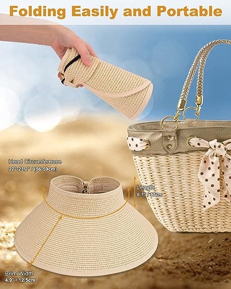 Kvinders Foldbare Halm Solskærme Bredbremmet Strandhatte Beige
