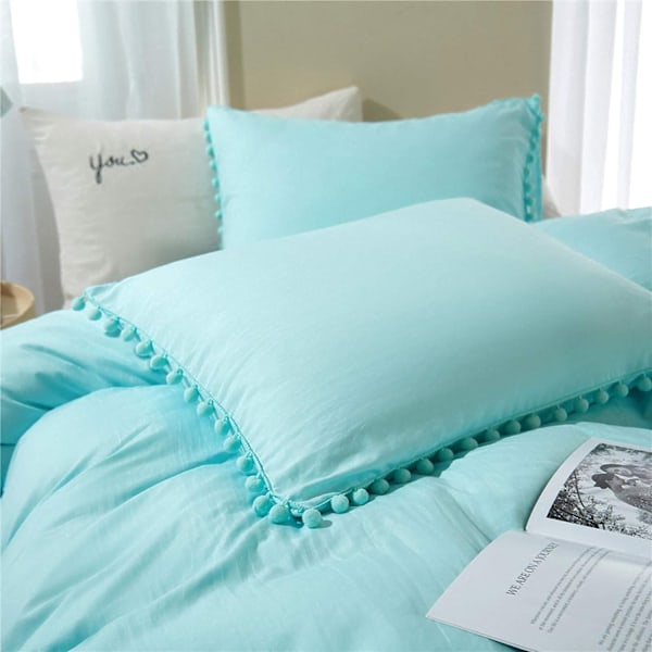 Bomullsöverdrag med Pompom- fransar, 3-delat Bohemiskt Mikrofiberset Blue Twin-168*228cm