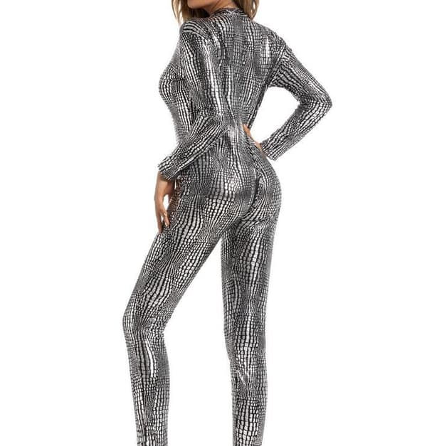 Sexig Python Skin Tight Jumpsuit för kvinnor silver L
