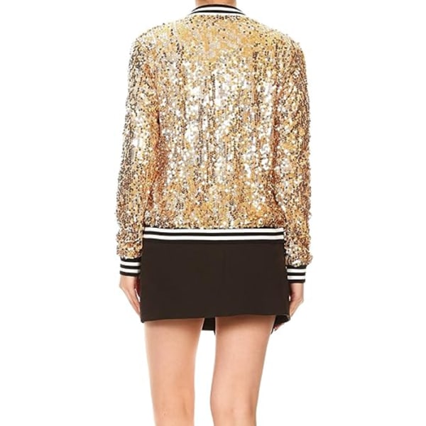 Kvinners Sequin Fitted Lang Ermet Glidelås Blazer Bomberjakke Gold M