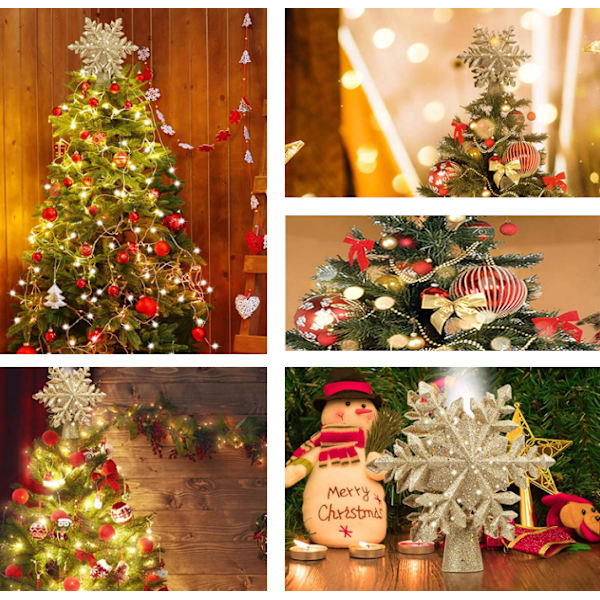 3D Hollow Glitter Lighted Gold Snow Tree Topper Gold Snowflake