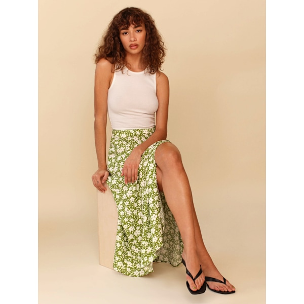 Sommarflödande midikjolar med slits för damer, ledig blommig kjol med hög midja green L