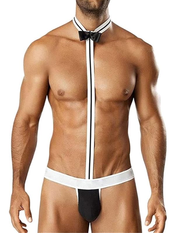 Miesten tarjoilijan cosplay-solmiobodystringit Black