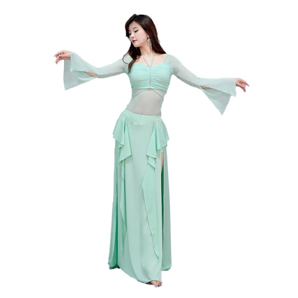 Magdansdräktset för kvinnor, magdanstoppar och kjol dansklänningar Light Green XL