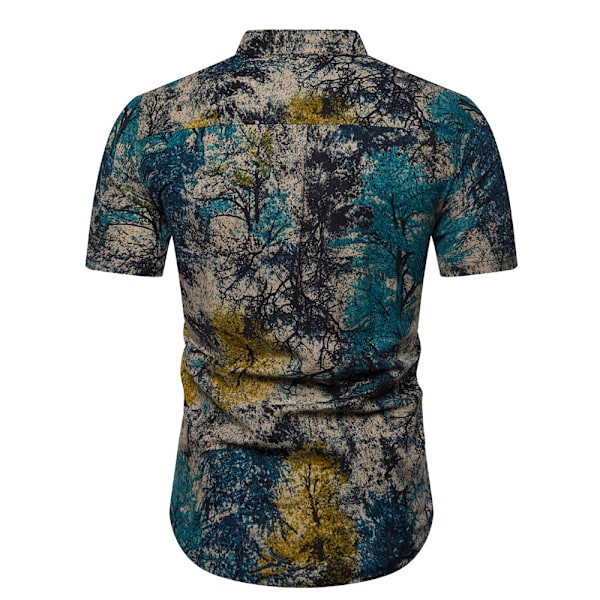 Män's T-shirt med Stående Krage, Kortärmad, Blommig, Casual Blue M
