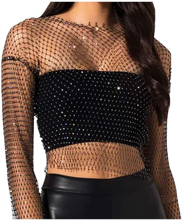 Kvinners Mesh Body Chains Rhinestone Langærmet Gjennomsiktig Topp