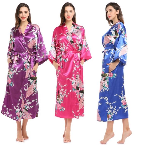 Kvinnors långblommiga satinrockar imiterade silke nattkläder color3 M