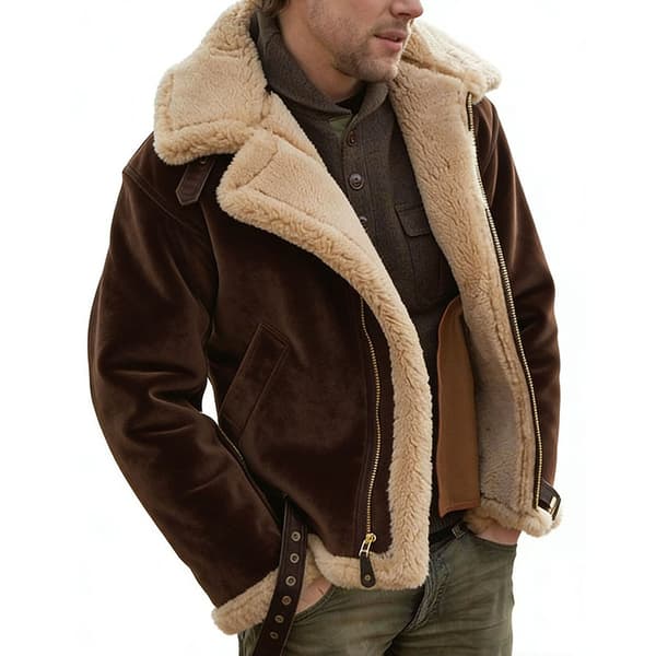 Faux Shearling Läder Bomberjackor för Män, Varma Vinterjackor Brown S