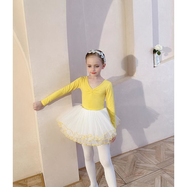 Jentebarn Langærmet Leotard Dans Balletkjole Yellow 130cm