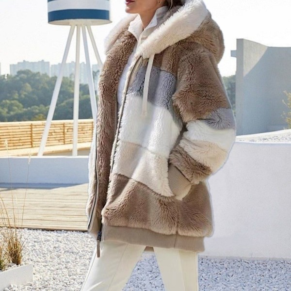 Damjacka med huva i fluffigt fleece, vinterjacka, cardigan, ytterkläder Khaki 3XL