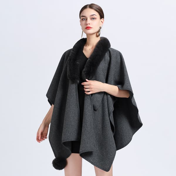 Faux Fur Trim Cardigan Kappe Sjal til Efterår Vinter Grey