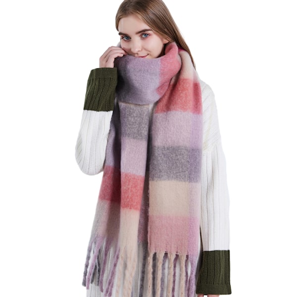 Suuri, paksu ja pehmeä ruudullinen huivi, jossa tupsut Pink