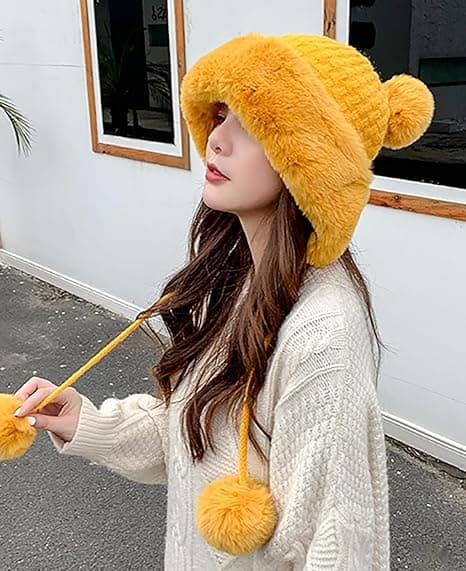 Dames Vinter Fluffy Knit Beanie Yellow