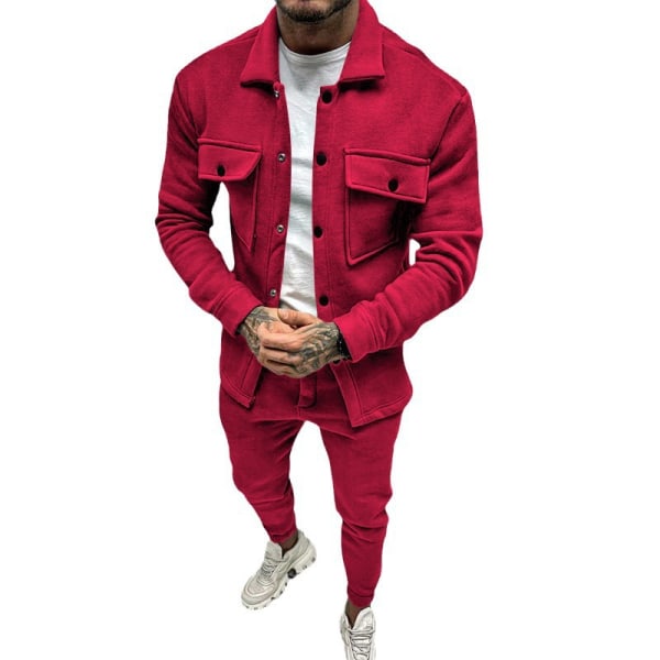 Män Herr Tracksuit 2-delad Corduroy Träningsdräkt Vinterkläder Red XL