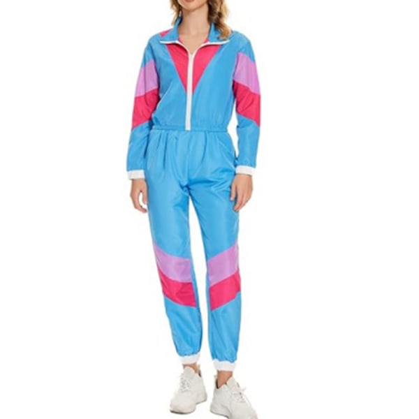 Färgglad 2-delad vindjacka för damer, långärmad crop top med dragkedja fram och träningsset Blue M
