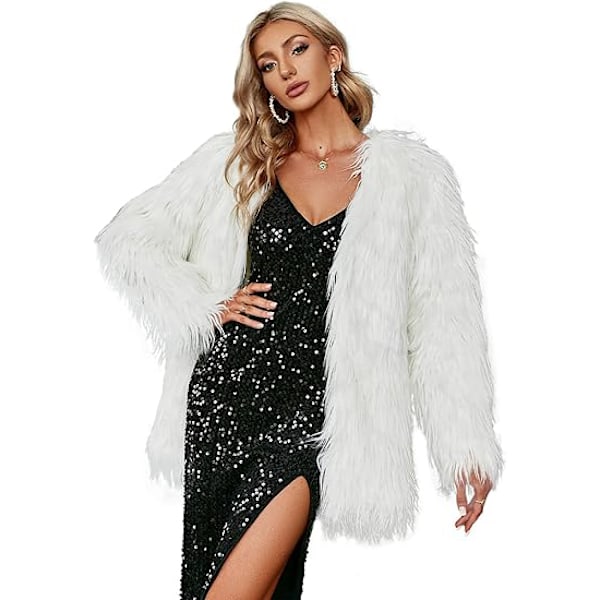 Dame Langærmet Fluffy Faux Fur Varmt Frakke White M