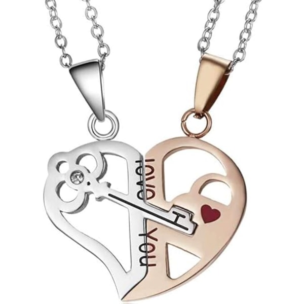 Rostfritt stål hjärtformade lås & nyckel stil två-i-ett älskare par halsband Rose Gold