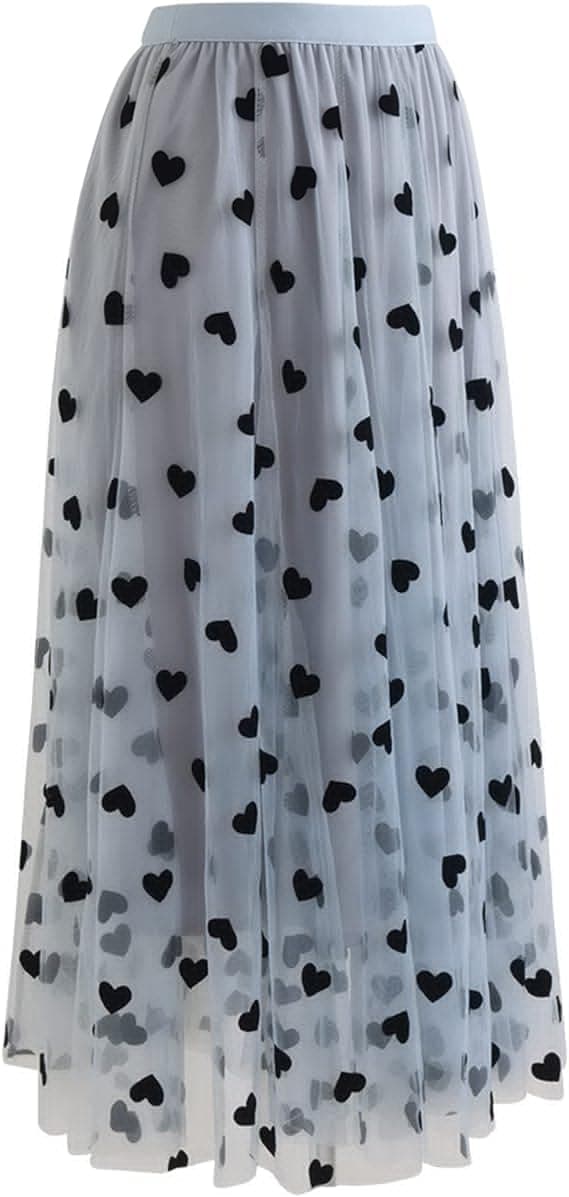 Dame Sort 3D Posy Dobbeltlags Mesh Midi Skørt Blue XL