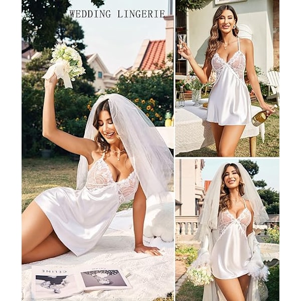 Damunderkläder i spets och satin med V-ringning för nattkläder White 2XL