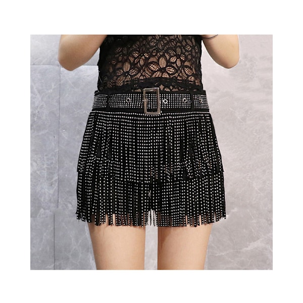 Dam Sparkle Rhinestone Franskjol Elastiskt Midjeband Kort Mini Klänning Black 2XL