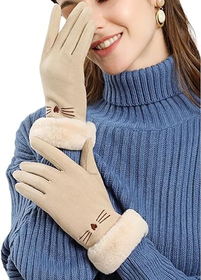 Dame Suede Handsker Søde Kat Fleeceforet Varme Handsker Beige