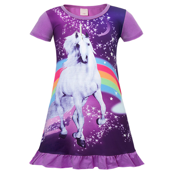 Mode Summer Unicorn Girls Dress Kortärmad Nattlinne Purple 110cm