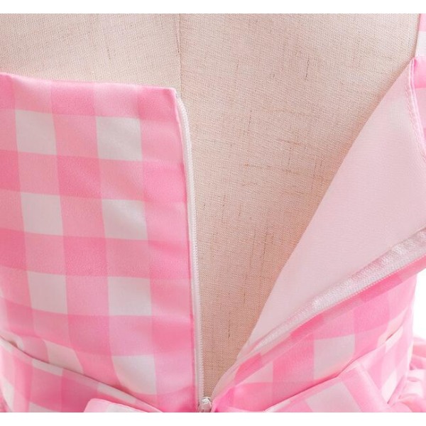 Flickors En-axlad Rosa Rutmönstrad Mesh Prinsessklänning 140CM