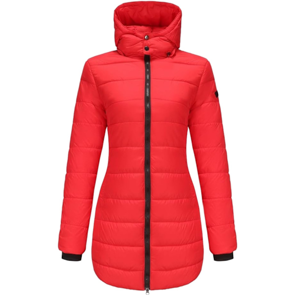 Lång dunjacka med huva för kvinnor, lätt och varm, Thermolite Red XL