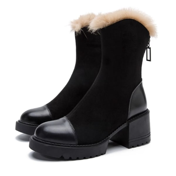 Dam Chelsea Boots med Chunky Sula och Päls Black 40