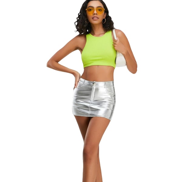 Dam Kjol, Hög Midja, Bodycon, Mini, Konstläder Silver M